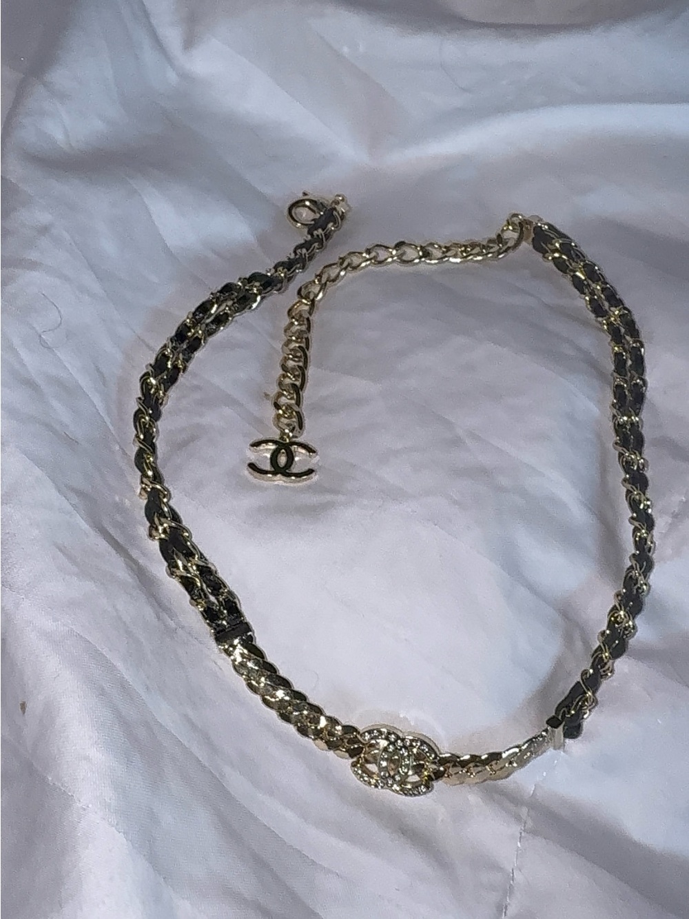 Gold and Black Interwoven Choker Necklace with Crystal CC Accent